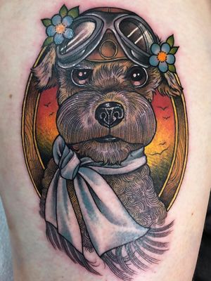 Dog tattoo by Guen Douglas #GuenDouglas #color #neotraditional #aviator #flower #upperleg #leg #thigh #dogtattoos #dog #dogs #petportrait #animal #bff #pet #canine