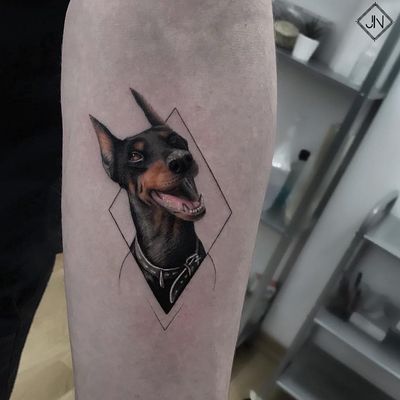 Dog tattoo by Jefree Naderali #JefreeNaderali #realism #realistic #forearm #arm #color #doberman #dogtattoos #dog #dogs #petportrait #animal #bff #pet #canine