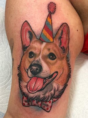 Dog tattoo by Sadee Glover #SadeeGlover #upperarm #arm #corgie #bowtie #birthday #party #dogtattoos #dog #dogs #petportrait #animal #bff #pet #canine