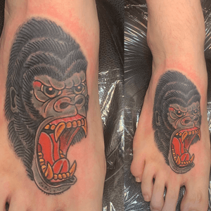Traditional gorrilla on the foot.. thanks for looking #blacklagoontattoo #dtsj #traditionaltattoo #sanjose #sj #sf #colortattoo