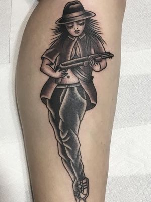 Chicano tattoo by #AlejandroLopez #chicano #chicanotattoo #blackandgrey #traditional #oldschool #illustrative #lady #pinup #chola #gun #forearm #arm