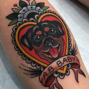 Dog tattoo by Matt Cannon #MattCannon #daschund #weinerdog #lowerleg #leg #heart #flowers #banner #dogtattoos #dog #dogs #petportrait #animal #bff #pet #canine