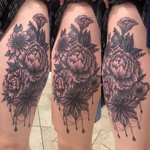 Black and grey floral leg piece.. thanks for looking. #blacklagoon #floraltattoo #traditionaltattoo #dtsj #sanjose #sj #sf