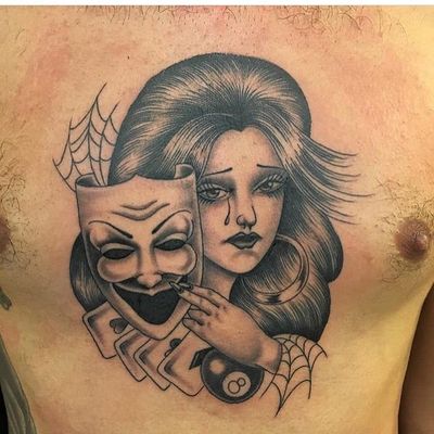 Chicano tattoo by #AlejandroLopez #chicano #chicanotattoo #blackandgrey #traditional #oldschool #illustrative #smilenowcrylater #mask #lady #ladyhead #cards #eightball #spiderweb