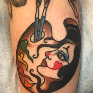 Artistic Tattoo by Dawn Cooke #DawnCooke #palette #ladyhead #clown #heart #painting #brush #brush #bottom #bones #tattoosfor Artists #artistic tattoos #fineart #art #artistic #create #creative #unique
