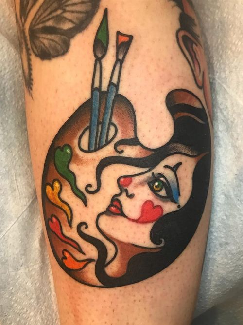 Artistic tattoo by Dawn Cooke #DawnCooke #palette #ladyhead #clown #heart #paint #paintbrush #brush #lowerleg #leg #tattoosforartists #artistictattoos #fineart #art #artistic #create #creative #unique