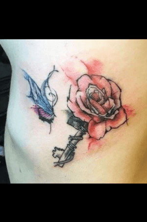 Tattoo on my skin #rose #redrose #butterfly #key #watercolor 