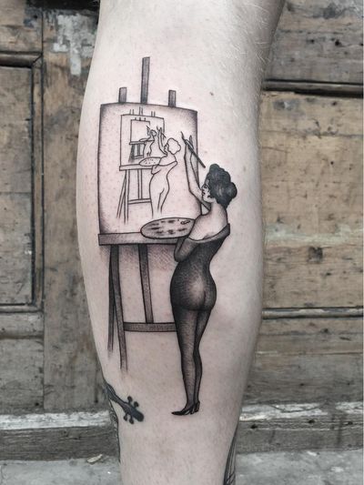 Artistic tattoo by Adam Vu Noir #AdamVuNoir #lowerleg #leg #portrait #lady #pinup #palette #painting #tattoosforartists #artistictattoos #fineart #art #artistic #create #creative #unique