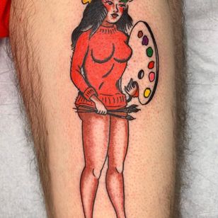 Artistic Tattoo por Jeff Sypherd #JeffSypherd #pinup #lady #palette #paint #upperleg #thigh #leg #tattooforartists #artistictattoos #fineart #art #artistic #create #creative #unique