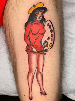 Artistic tattoo by Jeff Sypherd #JeffSypherd #pinup #lady #palette #paint #upperleg #thigh #leg #tattoosforartists #artistictattoos #fineart #art #artistic #create #creative #unique