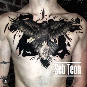 Stunning masterpiece by Seb Teon.Open winged raven in blackwork, with Rorschach test in background.