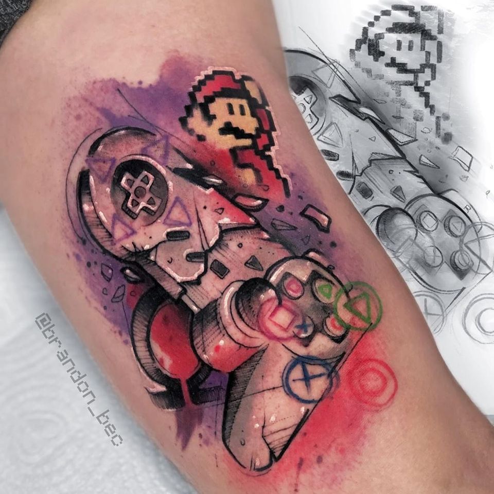 Tatuaje realizado por el artista Brandon Bec #SuperMario #Nintendo #gamer #games #joystick #colorida #colorful #playstation #sony #BrandonBec