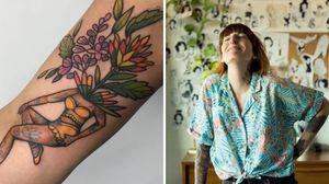 Flower tattoo on the left by Emilie Robinson of The Aldrich Tattoo Parlour - Portrait of Muriel de Mai of Minuit Dix #femaletattooartist #femaletattooist #femaleartist #womensempowerment #safespace #tattoostudio #tattooshop