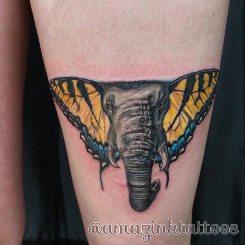 Butterfly Wings Ears Elephant Tattoo