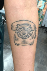 Healed rotary phone flash piece #blackwork #phone #rotaryphone #retro #80s #flash #ladytattooer #blackworker #healed