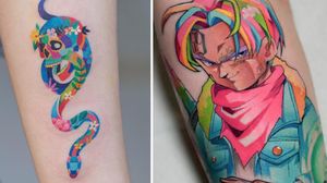 Colorful tattoo on the left by Zihee and colorful tattoo on the right by Steven Compton #StevenCompton #Zihee #colorfultattoo #colorful #color #vibrant