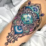 Colorful tattoo by Jenna Kerr #JennaKerr #crystals #diamond #moon #ornamental #sparkle #pearls #lace #gems #colorfultattoo #colorful #color #vibrant