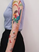 Colorful tattoo by Gong Greem #GongGreem #sleeve #arm #abstract #shapes #patterns #ornamental #floral #nature #leaves #cubism #colorfultattoo #colorful #color #vibrant