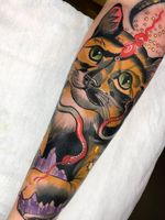 Colorful tattoo by Lorena Morato #LorenaMorato #forearm #arm #cat #snake #thirdeye #crystals #amethyst #unalome #neotraditional #colorfultattoo #colorful #color #vibrant