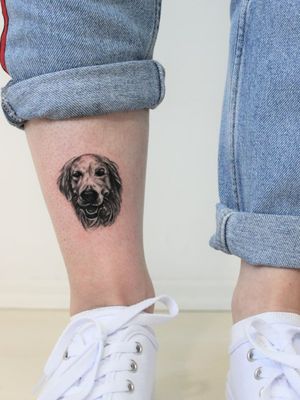 Dog portrait tattoo by Elena Arsova Pužar #ElenaArsovaPuzar #dogtattoo #petportrait #realism #microportrait #blackandgrey