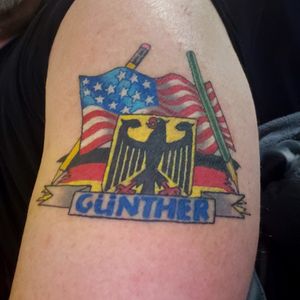 Ist tattoo. 1 week into healing. Designed on paper, then computer with Corel Draw. Family ancestry crest, German spelling of last name before great grandfather's arrival in the US. along with my tools of the trade. Inked by Huck Boone. 