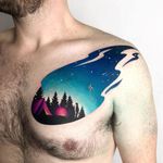 Colorful tattoo by Daria Stahp #DariaStahp #chest #sky #star #camping #fire #forest #nature #newschool #graphicart #colorfultattoo #colorful #color #vibrant