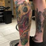 Dinosaur tattoo by Grant #dinosaurtattoo #colortattoo #legsleeve 