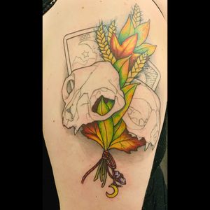 In-progress cat skull tattoo with Autumn leaves & Tarot cards for my two cats, Tarot & Autumn. Original artwork from and done by Stephanie Kratzel at Bullseye Tattoo Shop in Staten Island, NY. Final session on 6/23/19.