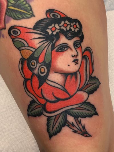 Traditional lady head tattoo by Andrew Vidakovich #AndrewVidakovich #rose #butterfly #color #flowers #traditionalladyhead #traditional #oldschool #ladyhead #lady #portrait #pinup