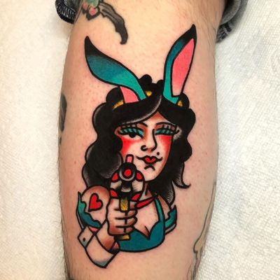 Traditional lady head tattoo by Akira Latanzio #AkiraLatanzio #lowerleg #leg #calf #bunny #rabbit #gun #heart #playboybunny #traditionalladyhead #traditional #oldschool #ladyhead #lady #portrait #pinup