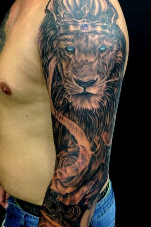 Lion with rose arm sleeve at Medussa ink  Tattoo studio Alanya