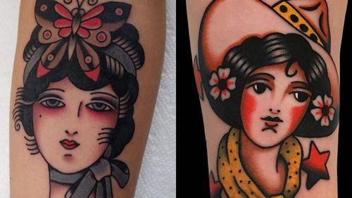 Traditional lady head tattoo on the left by Ivan Antonyshev and Traditional lady head tattoo on the right by Alex Zampirri  #AlexZampirri #IvanAntonyshev #traditionalladyhead #traditional #oldschool #ladyhead #lady #portrait #pinup