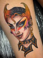 Traditional lady head tattoo by Valerie Vargas #ValerieVargas #punk #postpunk #newwave #leather #studs #spider #color #ankh #glam #traditionalladyhead #traditional #oldschool #ladyhead #lady #portrait #pinup #arm