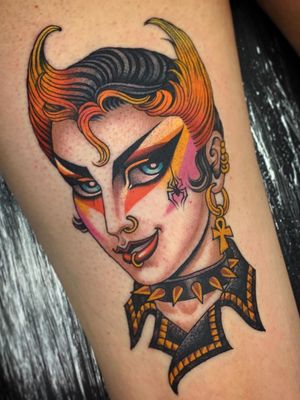 Traditional lady head tattoo by Valerie Vargas #ValerieVargas #punk #postpunk #newwave #leather #studs #spider #color #ankh #glam #traditionalladyhead #traditional #oldschool #ladyhead #lady #portrait #pinup #arm
