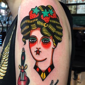 Traditional lady head tattoo by Ian Wiedrick #IanWiedrick #strawberry #fruit #food #cute #color #traditionalladyhead #traditional #oldschool #ladyhead #lady #portrait #pinup