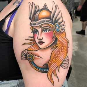 Traditional lady head tattoo by Alice SB #AliceSB #valkyrie #wings #helmet #soldier #warrior #color #norse #traditionalladyhead #traditional #oldschool #ladyhead #lady #portrait #pinup