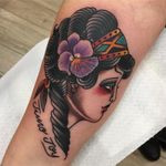 Traditional lady head tattoo by Miss Arianna #MissArianna #Gibsongirl #flower #floral #bandana #pansy #forearm #arm #traditionalladyhead #traditional #oldschool #ladyhead #lady #portrait #pinup
