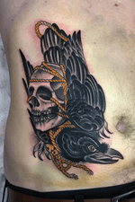 Big cover up over some tribal #neotraditional #coverup #crow #skull #tattooartist #Leicester 