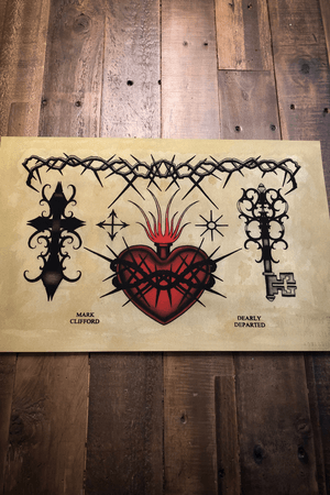 Flash, watercolor, sacred heart, skeleton key, cross, thorns
