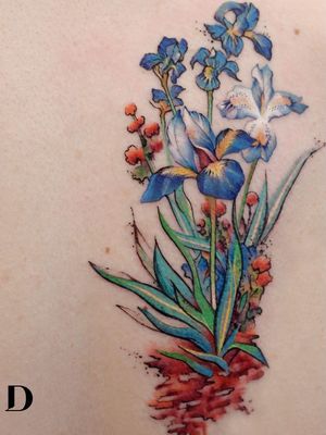 Beautiful tattoo by Deborah Genchi #DeborahGenchi #debartist #realism #realistic #illustrative #watercolor #color #flowers #floral #iris #back #nature