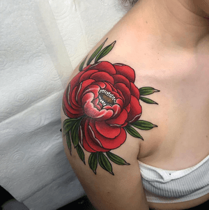 Lovely broght red Peony by @bharpertattoo