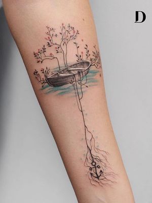 Beautiful tattoo by Deborah Genchi #DeborahGenchi #debartist #realism #realistic #illustrative #watercolor #color #forearm #arm #boat #flower #floral #anchor #roots #water #forearm #arm