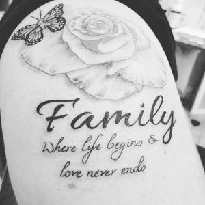 Family tattoo with rose and butterfly. #butterfly #greywork #family #tattoo #meaningful #gorgeous #amazing #beautiful #rememberance #life # rose