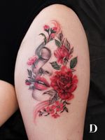 Beautiful tattoo by Deborah Genchi #DeborahGenchi #debartist #realism #realistic #illustrative #watercolor #color #portrait #lady #ladyhead #rose #flower #floral #lips #eyes #upperleg #leg #thigh