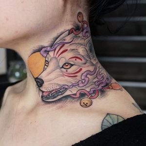 Neck tattoo by Georgina Liliane #georginaliliane #neck #color #neotraditional #neoJapanese #wolf #yokai #bells #Japanese #spirit  #tattoodo #tattoodoapp #tattoodoappartists #besttattoos #awesometattoos  #cooltattoos