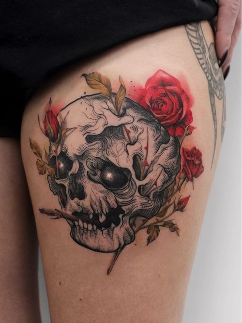 Beautiful tattoo by Deborah Genchi #DeborahGenchi #debartist #unique #illustrative #watercolor #color #skull #death #roses #flower #floral #upperleg #leg
