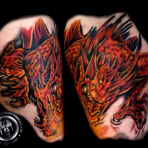 This is the fire dragon that I got to do on Sandy it's quite large about 45cm by 40cm on her thigh, done over a few sessions. I had wanted to do this dragon for 15 years and to see him on the skin was an amazing experience  Thank you and I will always be grateful and honored that you carry my art 