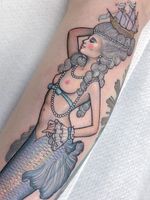 Leg tattoo by Hannah Flowers #HannahFlowers #lowerleg #leg #calf #mermaid #neotraditional #lady #marieantoinette #ship #pearls #pinup #tattoodo #tattoodoapp #tattoodoappartists #besttattoos