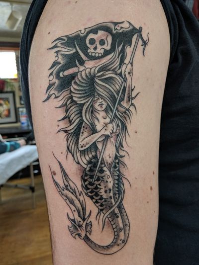 #mermaid #pirate #evil #flag #traditional #blackandgreytattoo #blackandgrey 