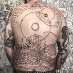 Back tattoo by Joel Soos #JoelSoos #blackwork #linework #illustrative #traditional #skull #death #houses #landscape #sky #stars #tattoodo #tattoodoapp #tattoodoappartists #besttattoos #awesometattoos